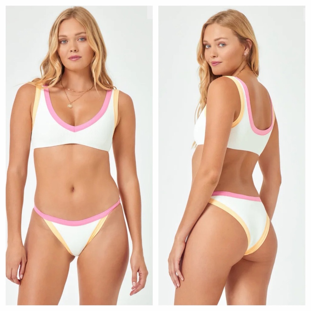 L*SPACE 'Lala' Color Block Rib Bikini set Large Cream/Lemon Drop/Tangy New